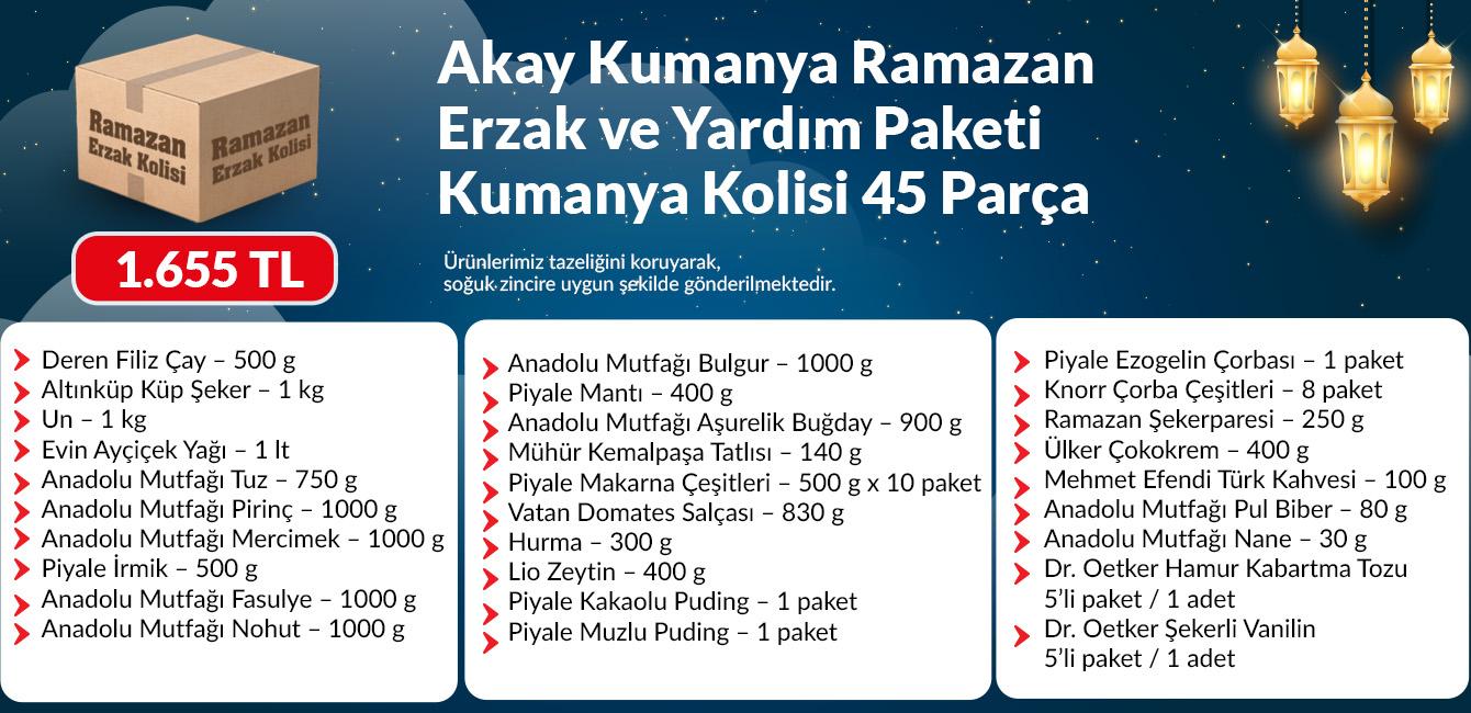 Akay Kumanya Ramazan Erzak ve Yardım Paketi Kumanya Kolisi 45 Parça