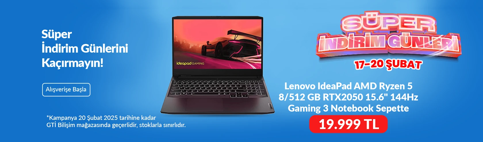 Lenovo IdeaPad AMD Ryzen 5 8512 GB RTX2050 15.6 144Hz Gaming 3 Notebook Sepette 19.999 TL