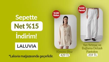 "Sepette Net %15 İndirim! %100 Keten Kimono Bluz 429 TL %100 Pamuk Yan Yırtmaç Ve Bağlama Detaylı Pantolon 359 TL"