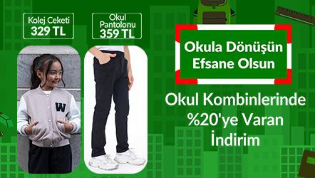 "Okul Kombinlerinde %20'ye Varan İndirim Kız Çocuk Kolej Ceketi 329 TL Erkek Çocuk Okul Pantolonu 359 TL"