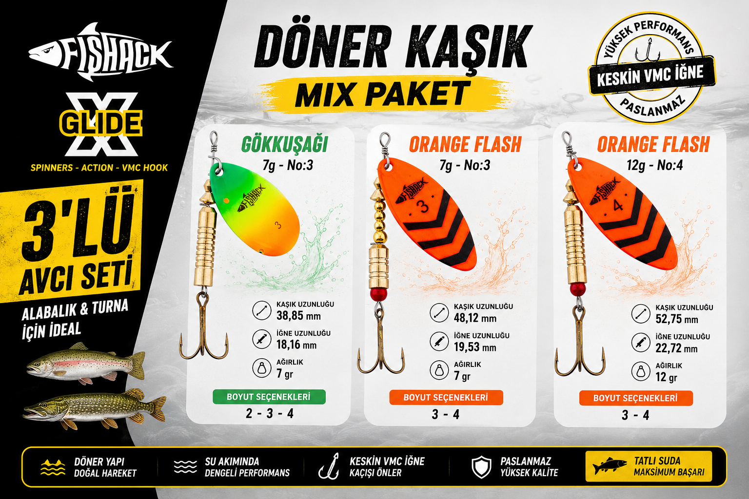 Alabalık ve turna avı için döner kaşık seti