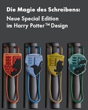 Metin "Yazmanın büyüsü", "Yeni Özel Sürüm", "Harry Potter Tasarımında" dır. Farklı renklerde dört dolma kalem seti, çarpıcı klips tasarımlı.