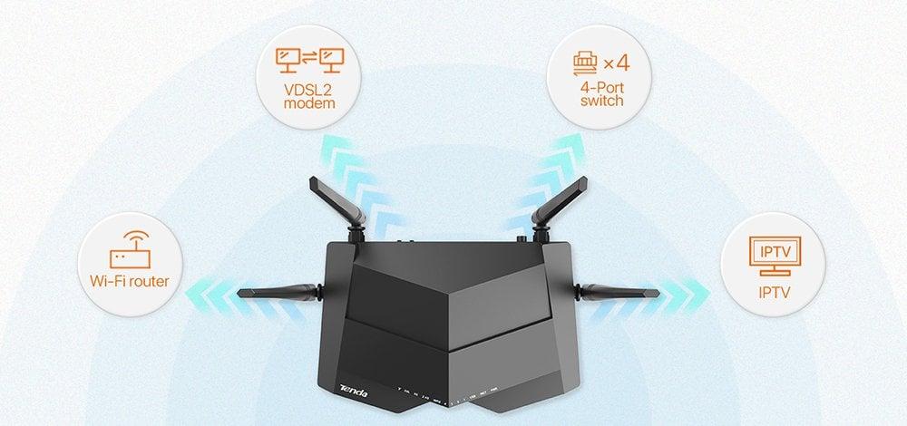 Tenda V12 AC1200 Dual Band 4X Gigabit Port 1200 Mbps Vdsl Modem