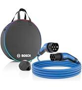 Metin "Bosch". Bosch marka taşıma çantası, yuvarlak tasarım, mavi spiral kablo ve elektrikli aletler için bağlı kablo bağlantısı.