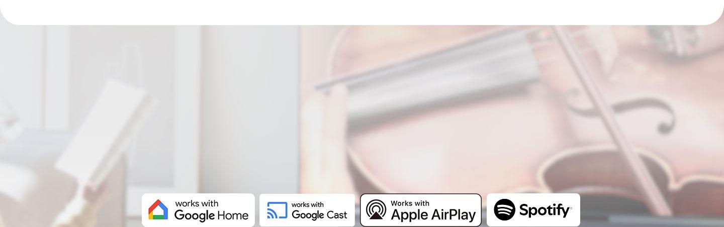 Works with Google Home, Works with Google Cast, Works with Apple AirPlay and Spotify logos against living room setting.
