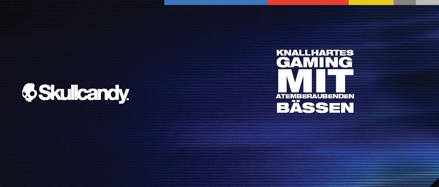 Metin "Skullcandy" ve "BASSEN" yazılıdır, koyu mavi arka plan üzerinde renk geçişli ve kırmızı ve sarı çizgili detaylar.
