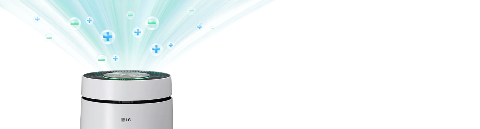 Hava arıtma cihazının LG logosunun üstündeki kısmı, serbest bırakılan hava ve +/- iyonlarını gösteren kabarcıklar ile gösterilir.