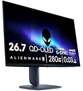 Metin "26,7 QD-OLED G-SYNC 280 Hz 0,03 ms". Mavi ışık efektli siyah arka plan üzerinde Alien Head logolu oyun monitörü ekranı.