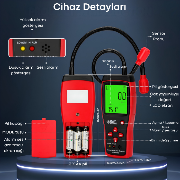 AS8800C Yanıcı Gaz Kaçak Bulucu | PPM ve LEL Cihaz Detayları