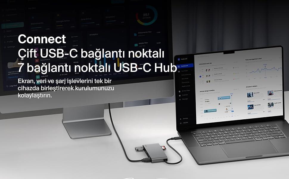 Cift USB-C baglanti noktali 7 baglanti noktali USB-C Hub
