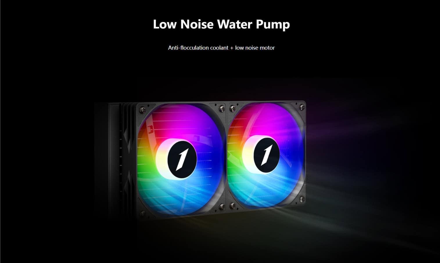 Low noise water pump with RGB cooling fans for PC builds.