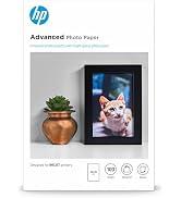 Bir kedi ve küçük saksı bitkisinin çerçeveli fotoğrafını gösteren HP Gelişmiş Fotoğraf Kağıdı Paketi. Ürün simgeleri fotoğraf kağıdı özelliklerini gösterir.