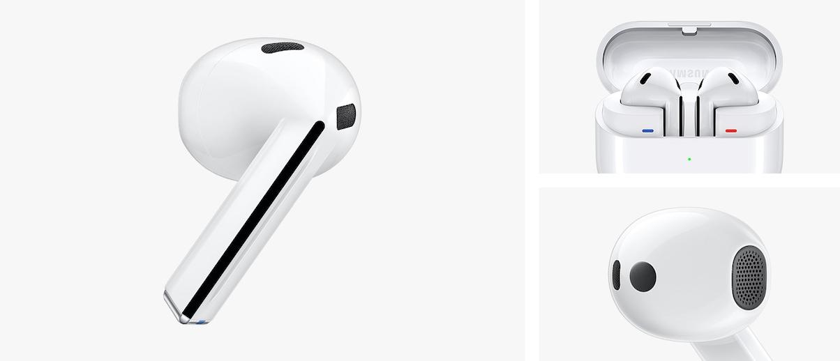 Beyaz renkli tek bir Galaxy Buds3 kulaklık. Galaxy Buds3 kulaklıklar açık bir kutuda. Galaxy Buds3 kulaklığın baş kısmına odaklanılıyor.