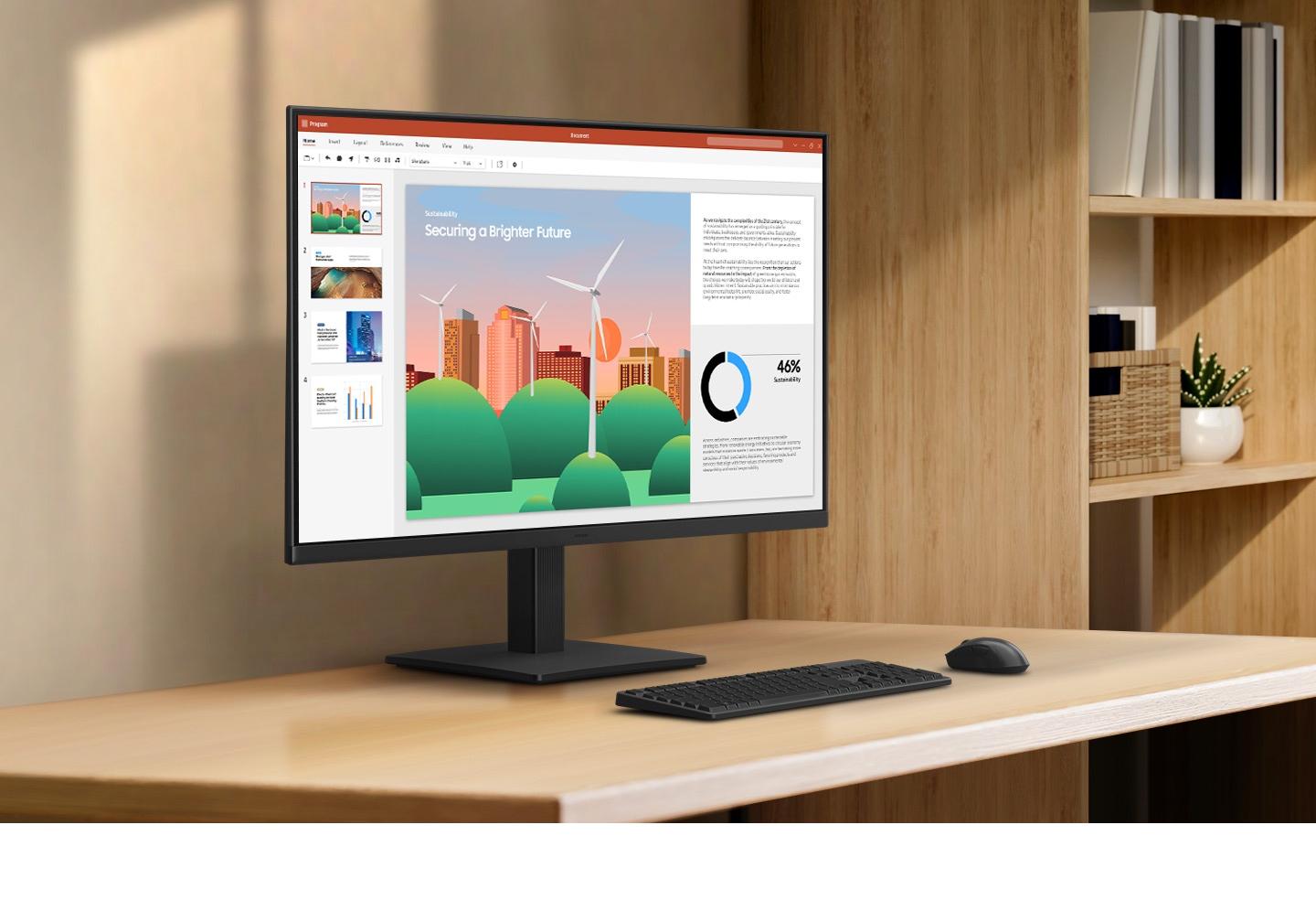 Bir odada, üzerinde bir belgenin yer aldığı Essential Monitör S3 bulunuyor.