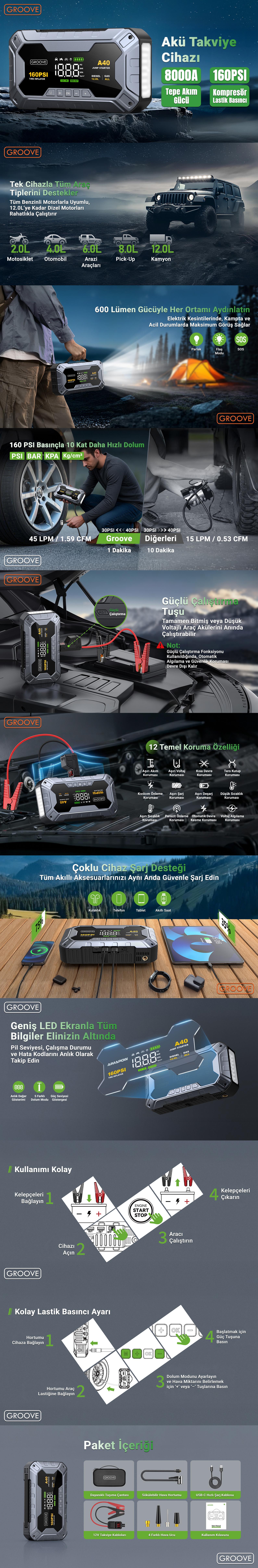 Groove A40 Akü Takviye Cihazı + Lastik Şişirme Kompresörlü Taşınabilir Jump Starter
