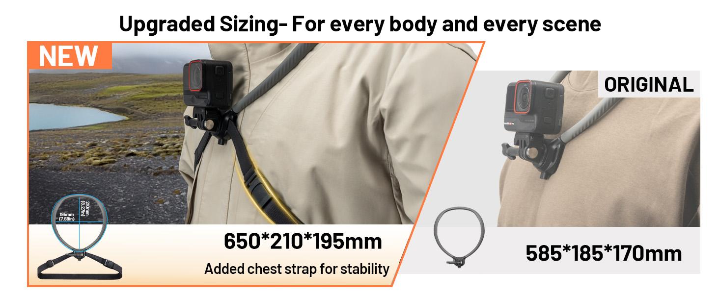 Text reads 'NEW' and 'ORIGINAL'. Product images showing technical specifications '650*210*195mm' and '585*185*170mm'. Multiple views of camera mounting equipment with added front strap for stability.