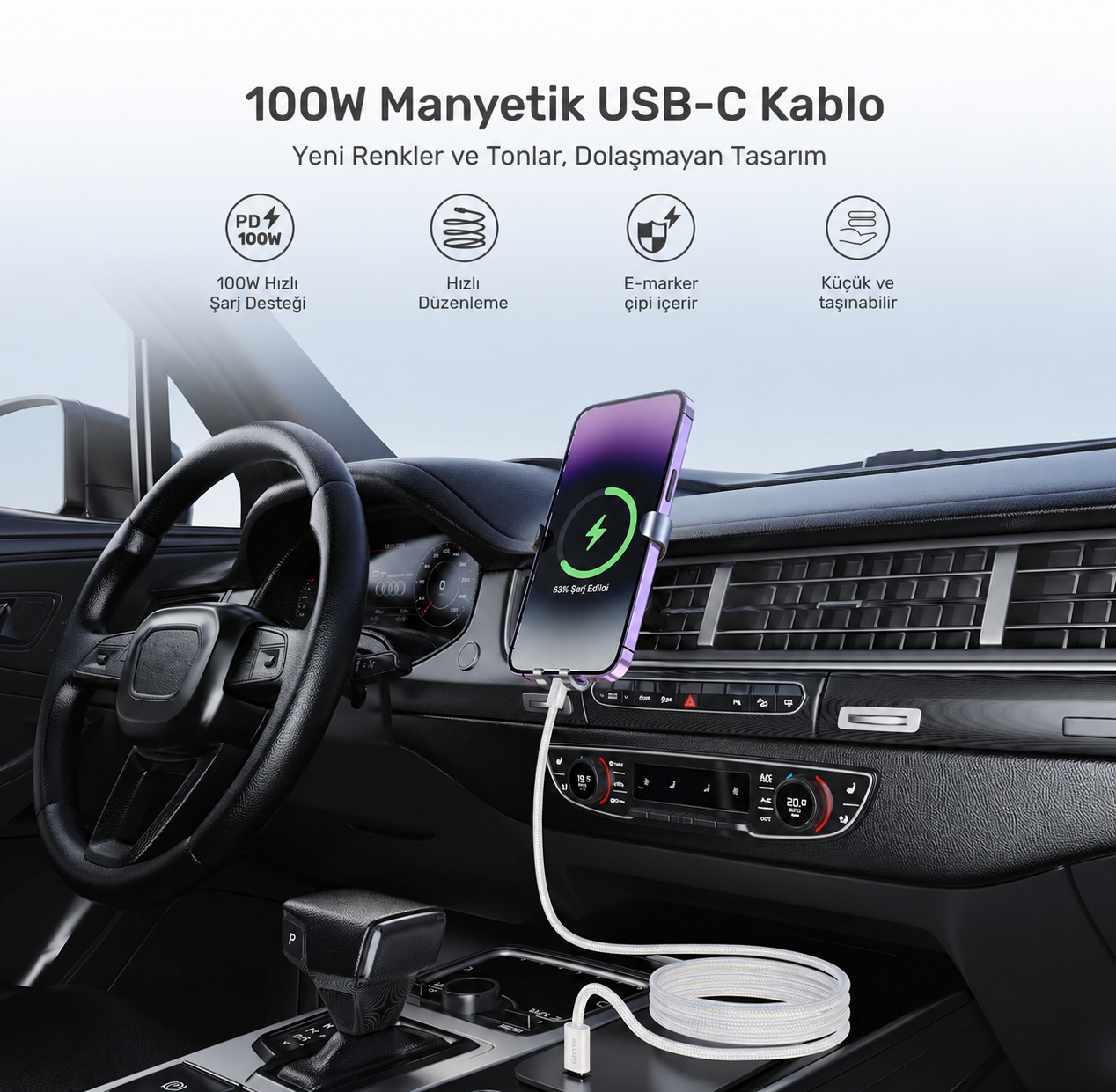 Unitek Type-C Manyetik Hızlı Şarj Kablosu Bej