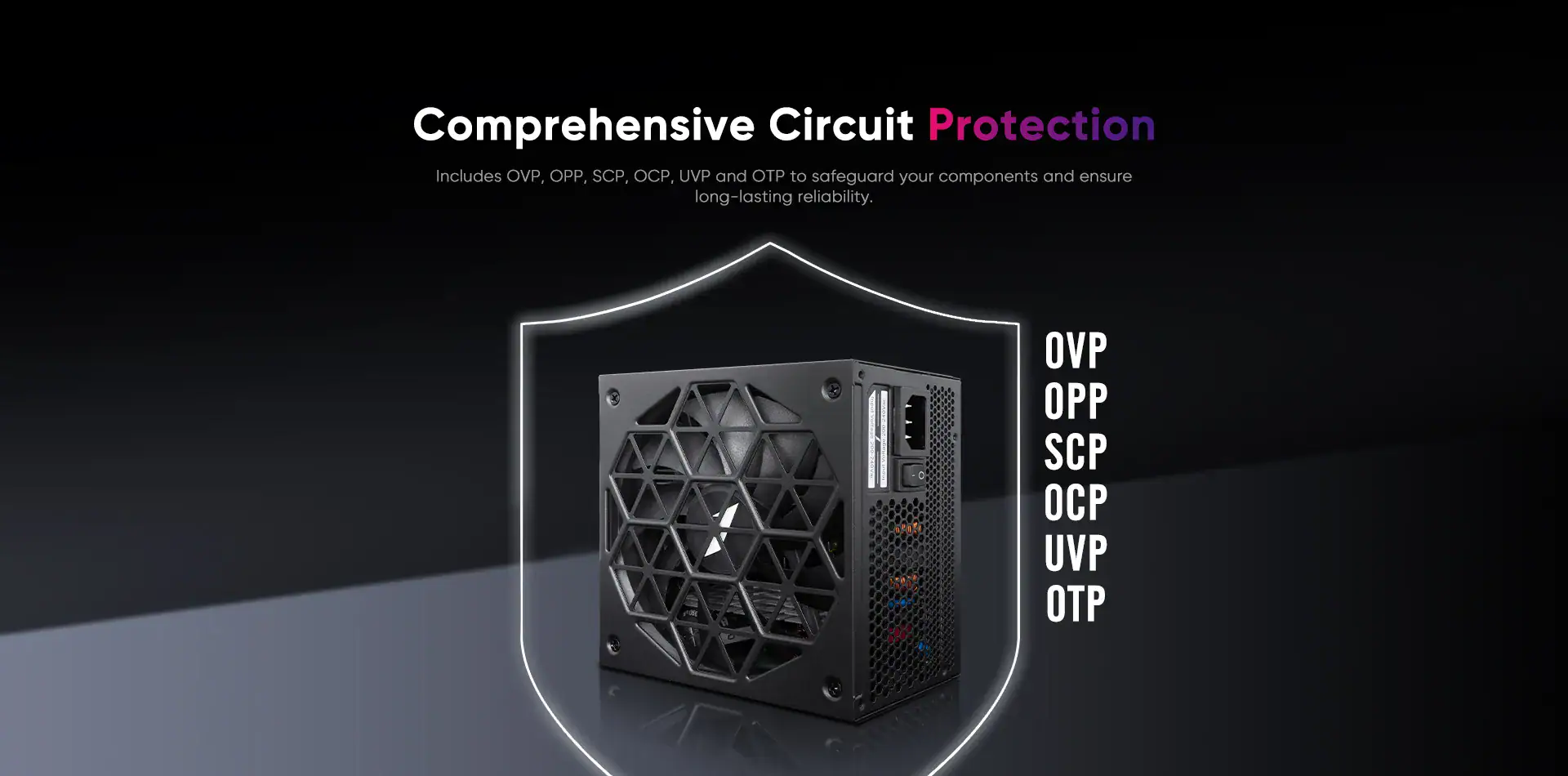 Modern power supply unit with protective circuitry for gaming and high-performance PCs.