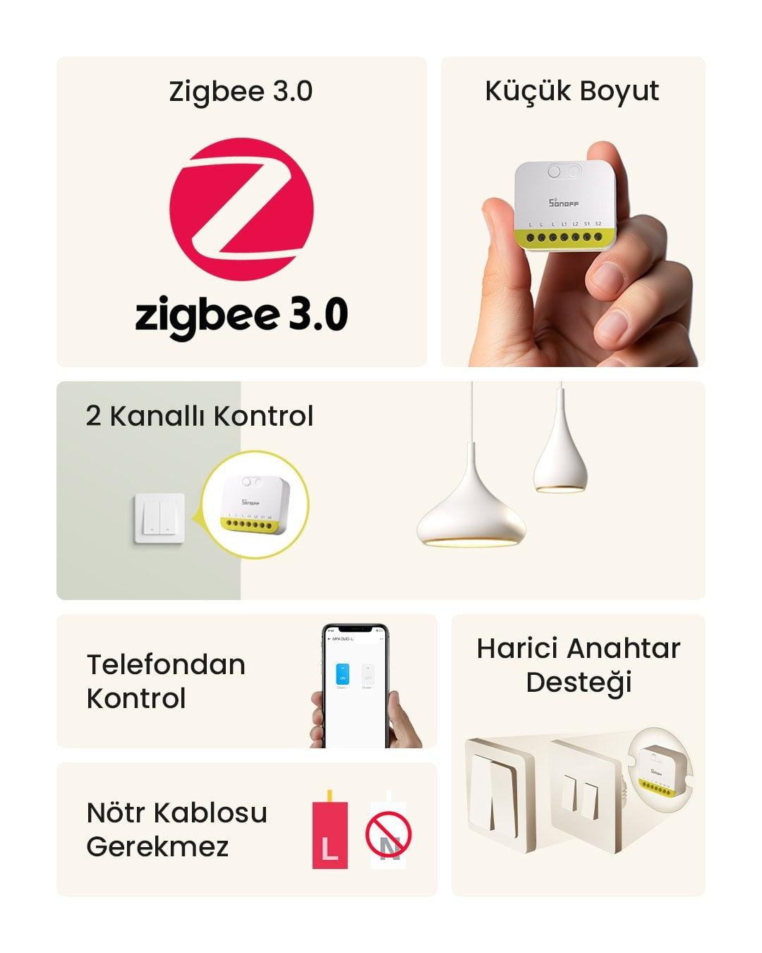 SONOFF Mini-ZB2GS-L Duo Nötrsüz ZigBee 2 Kanallı Akıllı Röle 