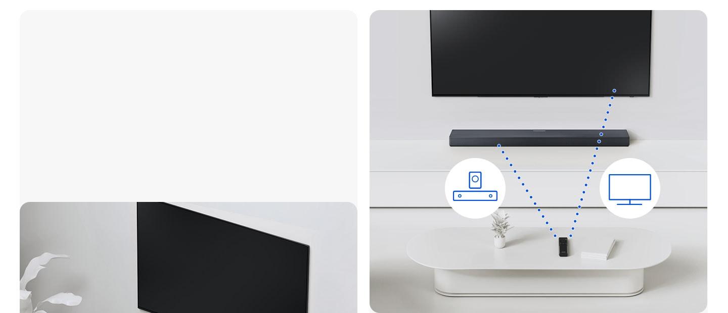 A TV and soundbar are connected wirelessly via dotted lines with the Wi-Fi and Bluetooth symbols.