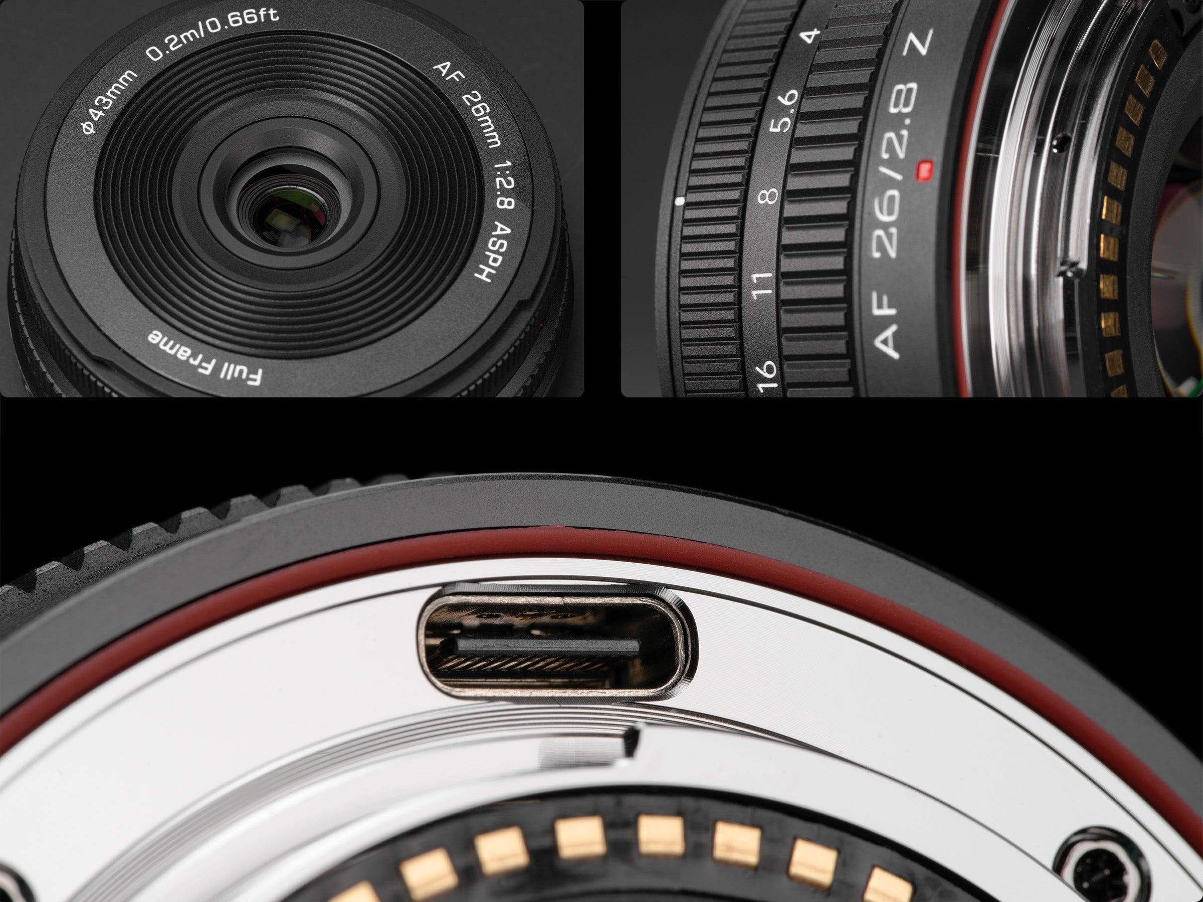 Viltrox AF 26mm F2.8 EVO Z USB-C ve gövde detayları