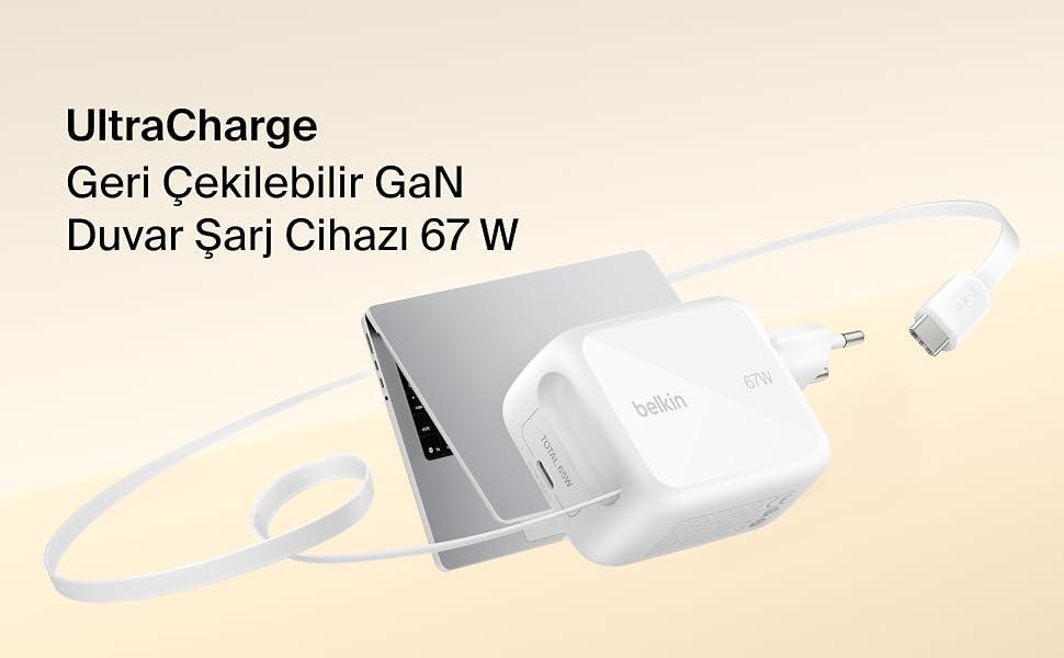UltraCharge Geri Cekilebilir GaN Duvar Sarj Cihazi 67W
