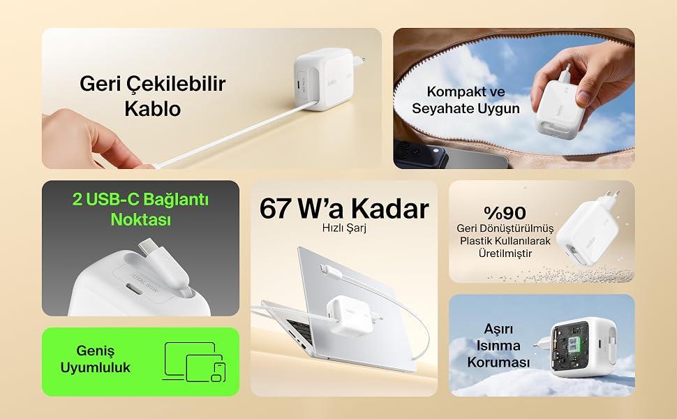 UltraCharge Geri Cekilebilir GaN Duvar Sarj Cihazi 67W