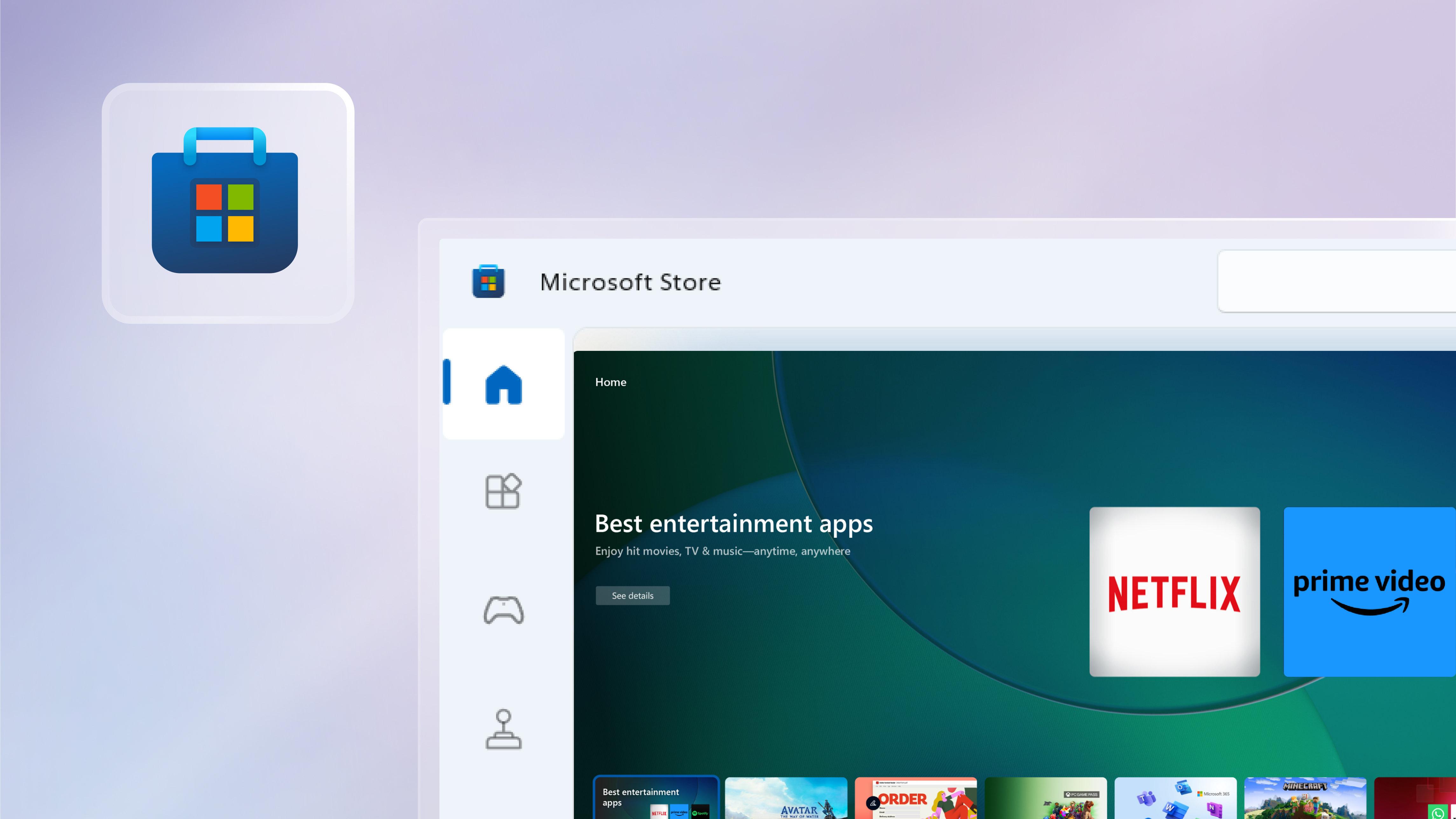 Mor geçişli bir arka planda açık duran Microsoft Store penceresi