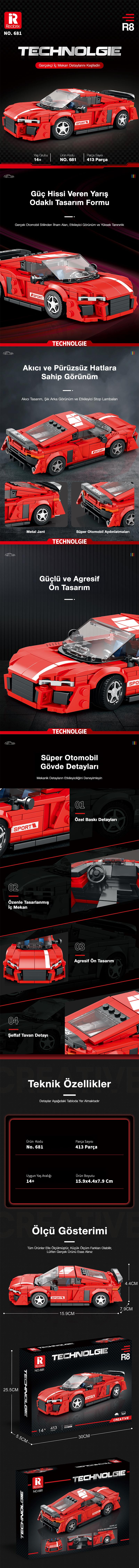 Reobrix Sports Car Audi R8 681 Brick Yapım Seti