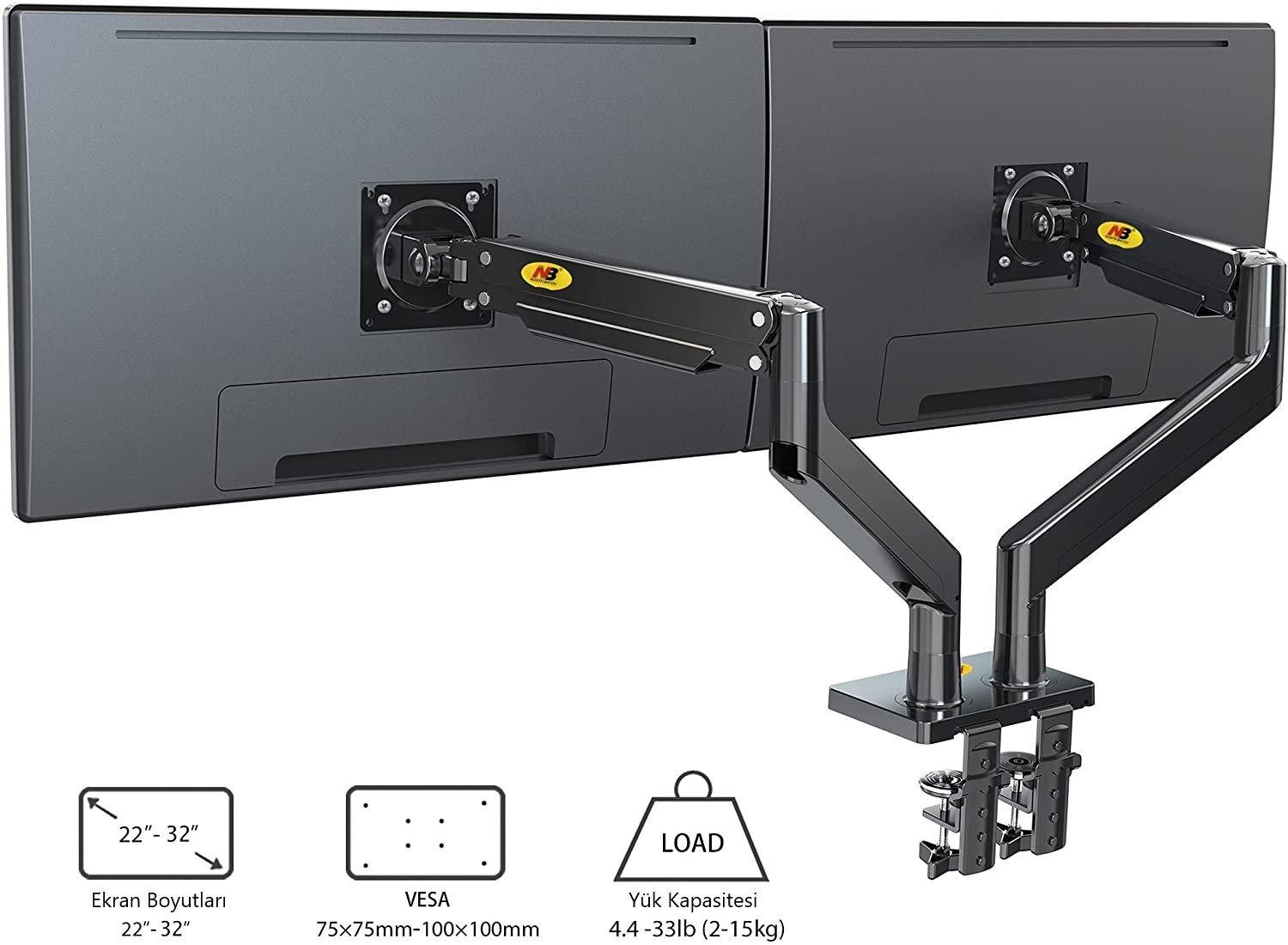 Powermaster 22-32 Amortisörlü Stand Çift Kol Lcd / Led Monitör Tutucu Stand Askı Aparatı G32