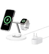 Belkin BoostCharge 3'ü 1 arada Qi2 kablosuz şarj cihazı, MagSafe şarj cihazı, Qi2 ile endüktif şarj istasyonu.