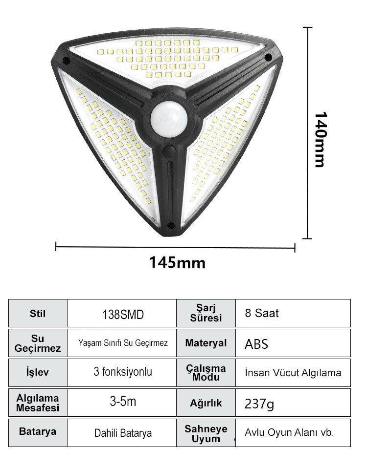 MX-1219A 138 SMD Ledli Sensörlü 3 Modlu Solar Duvar Lambası İçerik
