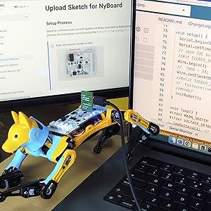 Siyah mavi sarı Bittle robot köpek gövdesi kiti ile C++ Arduino Programlama Kodlaması