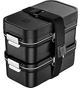 Güvenli kilitleme sistemli siyah, istiflenebilir gıda kabı, kombine edilebilen iki ayrı kap olarak gösterilir.