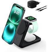 Siyah şarj standının farklı açılarını gösteren parlak turkuaz ışık efektli akıllı saat şarj istasyonunun birden fazla görünümü.