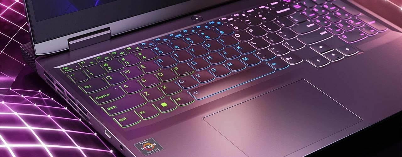 Closeup of Lenovo LOQ 15APH8 keyboard with RGB keyboard backlight