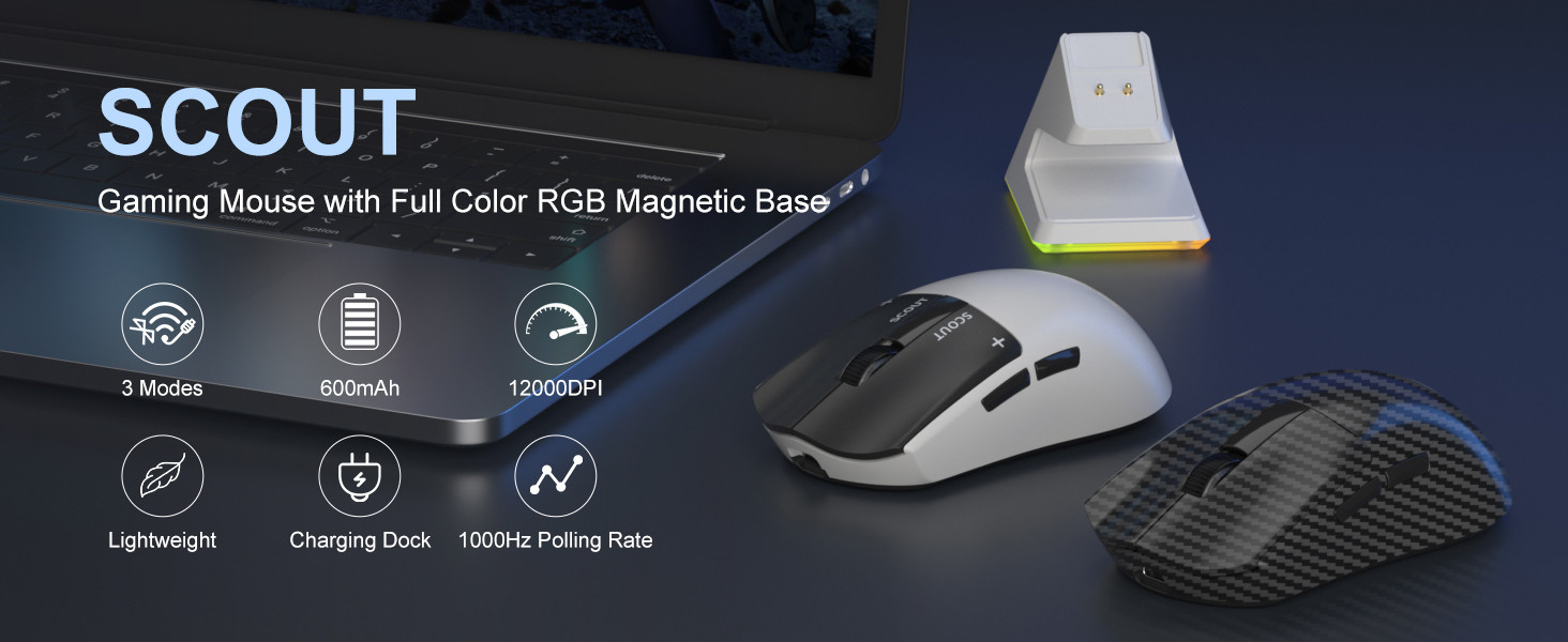 MageGee Scout & RGB Dock Station 12.000DPI PAW3311 Triple Mode (Kablolu/Bluetooth/2.4G) Beyaz Gaming Mouse