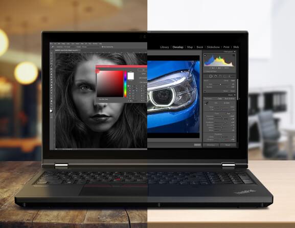 Lenovo ThinkPad P15 dizüstü bilgisayarın önden görünümü 90 derece açıkken ekranın yarısı düzenlenen bir kadının fotoğrafını, diğer yarısı ise düzenlenen bir arabanın fotoğrafını gösteriyor 