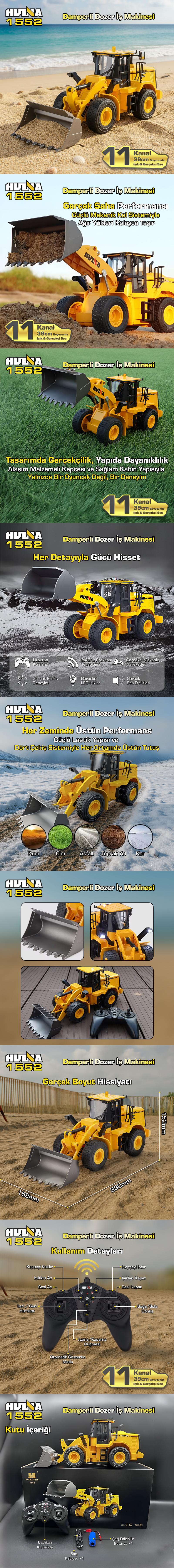 HUINA 1552 1/16 11CH RC Wheel Loader Damper Dozer Kamyon İş Makinesi Kazıcı Uzaktan Kumandalı RC Model Metal Kepçeli -2.4G Gerçekçi Similasyon Ses ve Işık Sistemi
