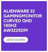 Metin "ALIENWARE 32 QDHD MONITOR" ve "165HZ AW3225QF" şeklindedir. Oyun monitörlerinin teknik verileri için mor ve mavi dikdörtgen reklam grafikleri.