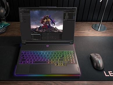 RGB aydınlatmalı klavyenin yakın çekimiyle öne dönük Legion 9i (16″ Intel)