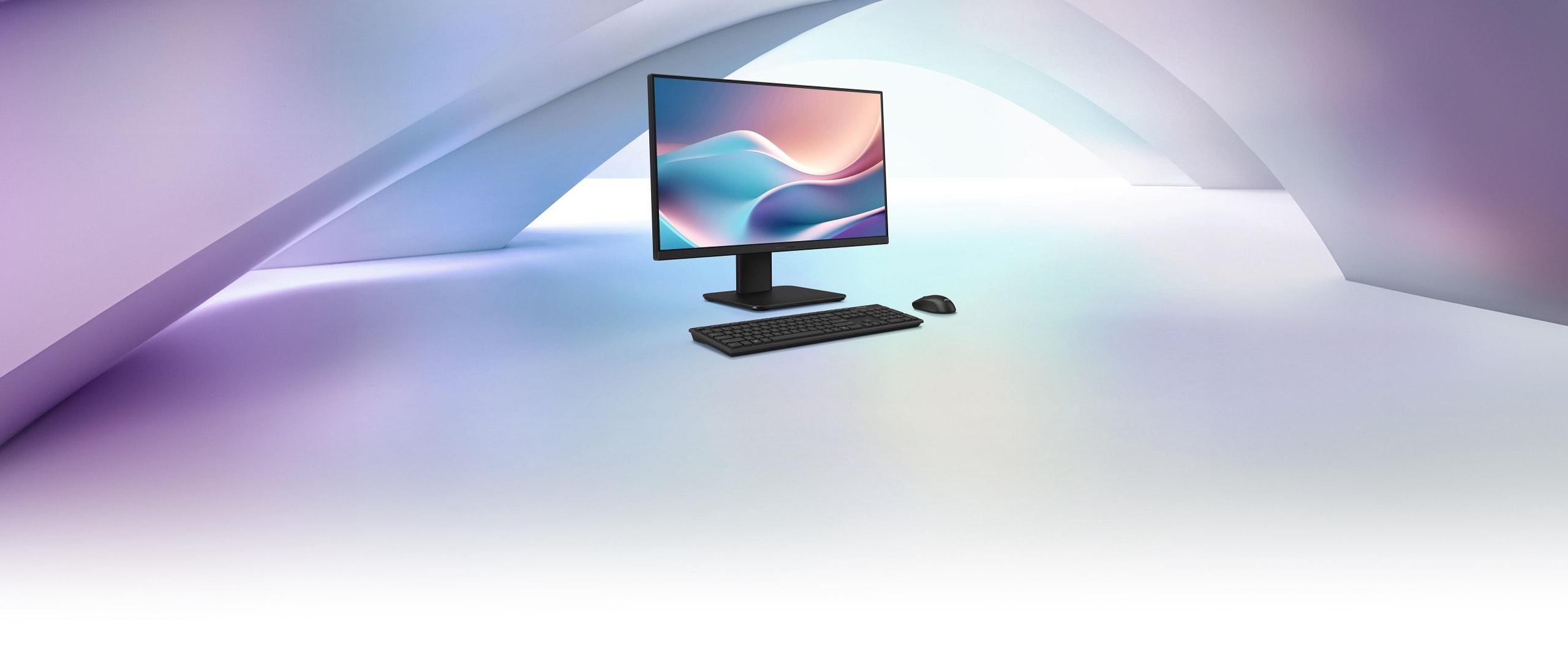 Bir ASUS ExpertCenter P400 AiO ve klavye ve fare, pastel renkli bir arka plana yerleştirilmiştir.