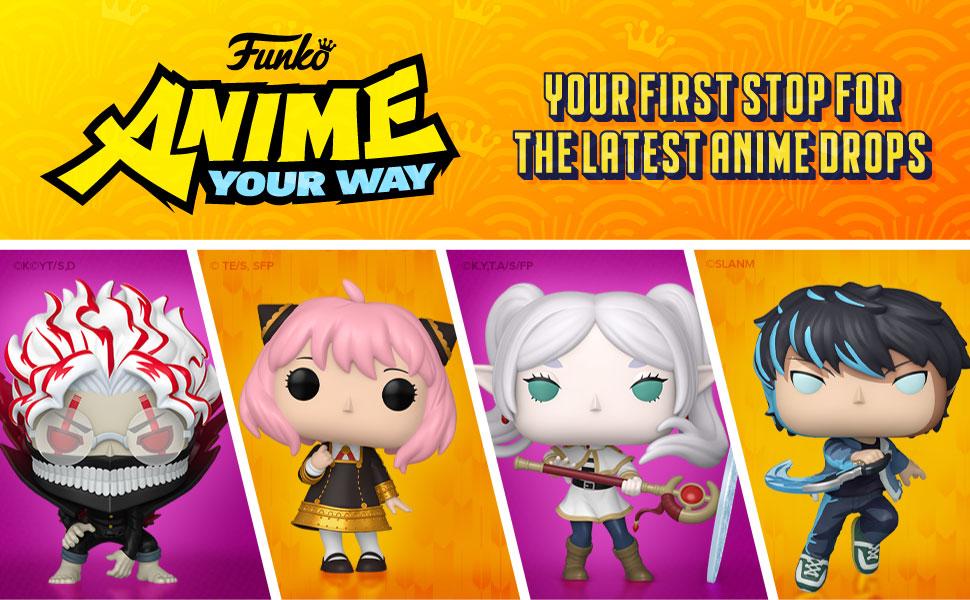 Metinde "EN SON ANIME FİLMLERİ İÇİN İLK DURDURUN" yazıyor. Funko Pop figür serisi, turuncu ve mor arka planda sunulmaktadır.