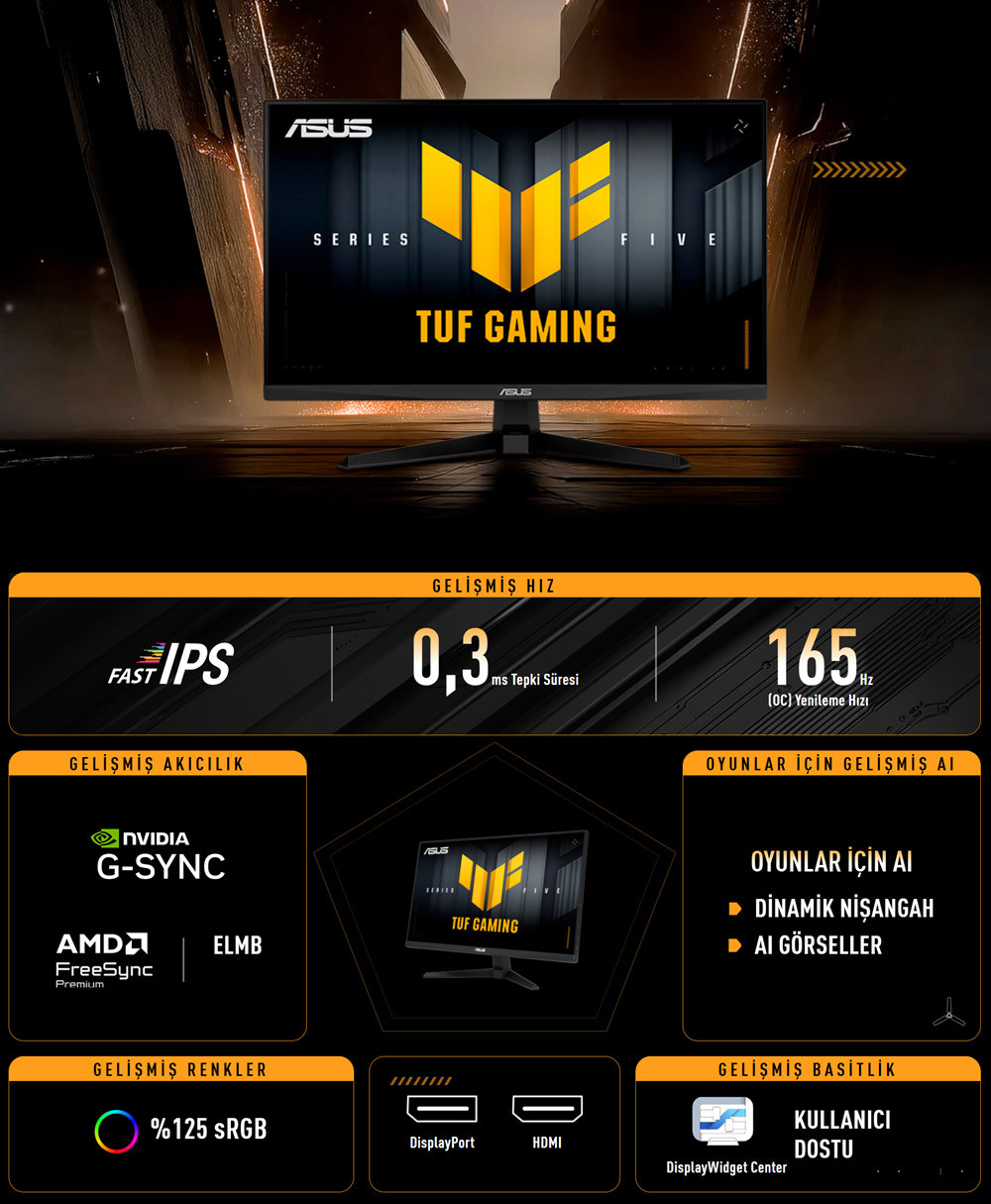 ASUS TUF GAMING VG27AQE5A 27″ 165Hz 0.3ms 2K Stereo Hoparlör QHD Fast IPS Gaming Monitör