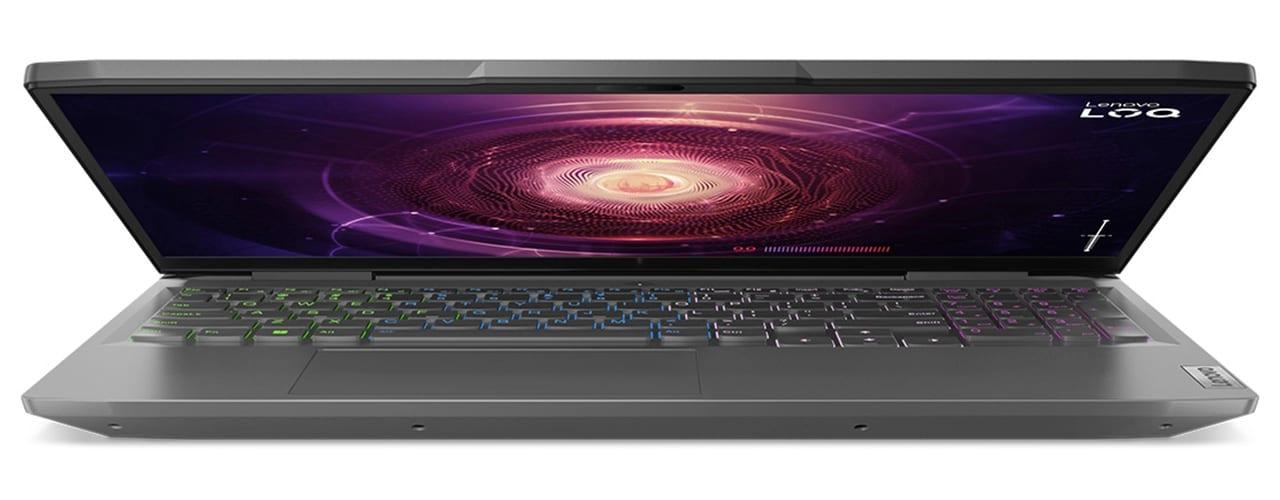 Lenovo LOQ 15APH8 front facing partially closed with Lenovo LOQ visualizer on screen