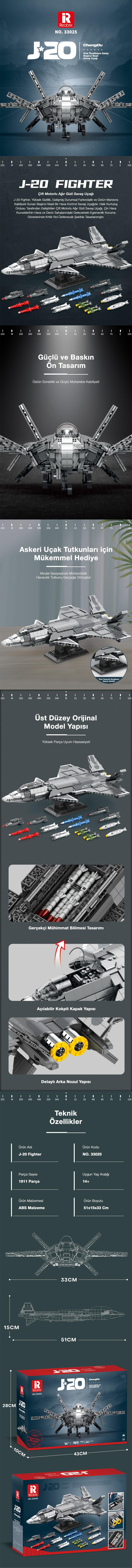 Reobrix Fighter Aircraft Chinese Chengdu J-20 33025 Brick Yapım Seti