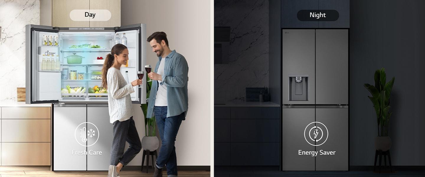 Soldaki görüntüde, gündüz, açık bir buzdolabının önünde elinde bardak tutan bir çift gösteriliyor. Buzdolabının yalnızca bir tarafı açık ve buzdolabından dışarı mavi soğuk hava çıkıyor. Görüntünün altında soğuk hava anlamına gelen termometre simgesi yer alıyor. Sağdaki görüntüde, karanlık bir gecede mutfaktaki buzdolabı gösteriliyor. Görüntünün altında enerji tasarruf anlamına gelen elektrik simgesi yer alıyor.