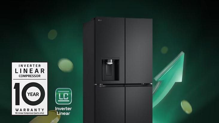 Yükselen okların ve yığılan madeni paraların önünde bir buzdolabı