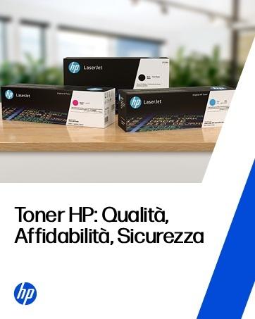Metinde "Toner HP" yazıyor: Kalite, güvenilirlik, güvenlik. Toner kartuşunu mavi geometrik vurgularla beyaz bir arka plan üzerinde gösteren HP markalı pazarlama görüntüsü.