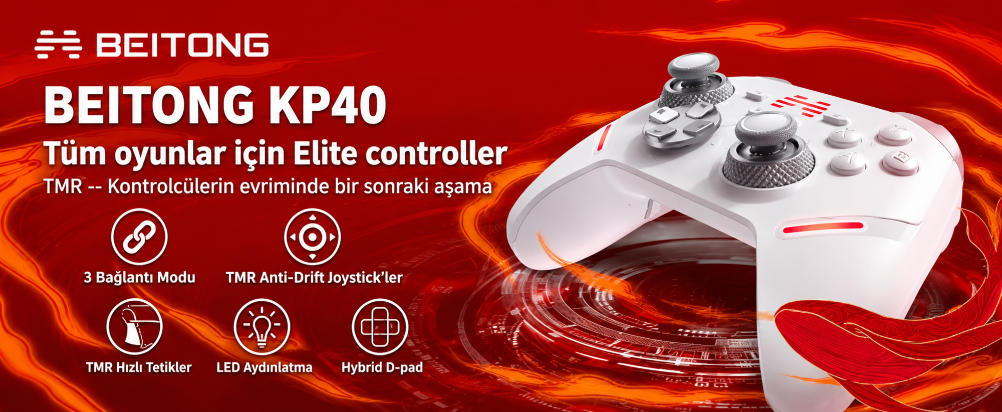 BEITONG KP40 TMR Kablosuz Beyaz Gamepad (2.4G, Bluetooth, Kablolu)